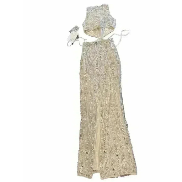 Mac Duggal CutOut Gown Maxi Dress 4 Small S Beaded Back Slit Nude Beige $998 NWT - Picture 9 of 9